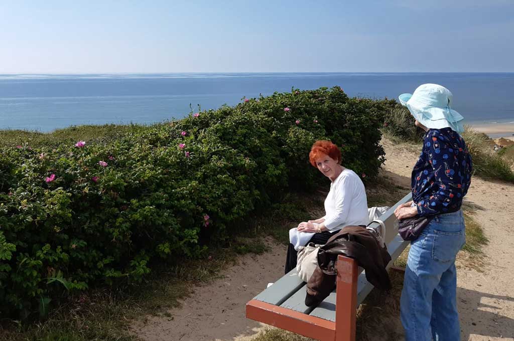 ältere Dame auf einer Bank am Meer, mit Schwiegertochter